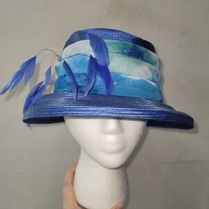 Andre Canadian Hat Vintage Women 21 Blue Straw Chiffon Feather Derby Church Hat